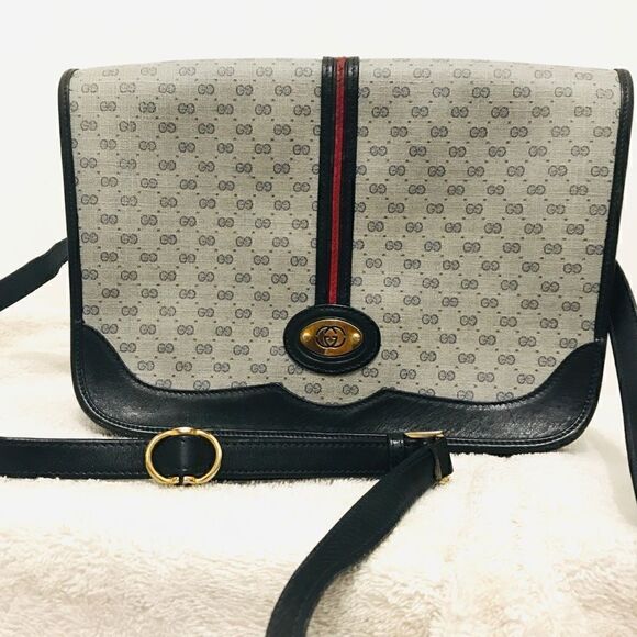 Gucci vintage navy micro Gg and black leather bag - Picture 3 of 16